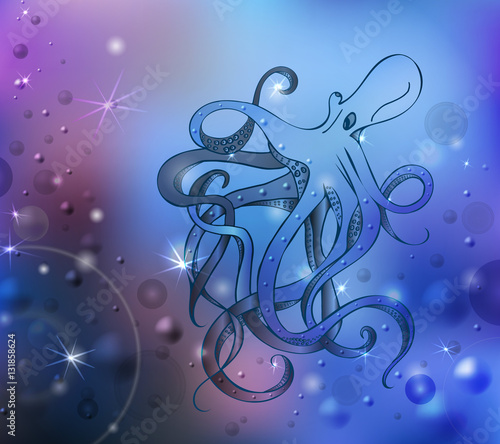 Giant octopus with eight tentacles floating in the ocean depths. Bokeh effect, the air bubbles. Hand drawing. Vector illustration.
