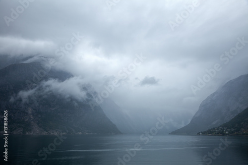 Norwegian landscape with Eidfjord, branch of the Hardangerfjord, the fourth longest fjord in the world and the second longest fjord in Norway