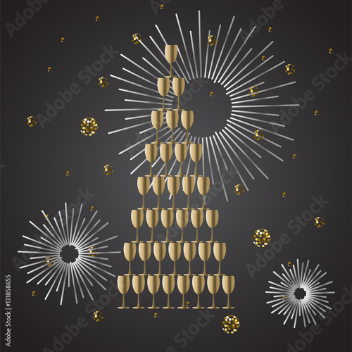 Champagne glass stack festive vector background. Gold wine stack with firework and confetti.