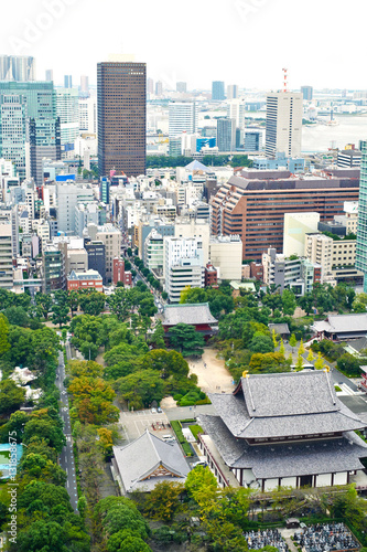 Asia Business concept for real estate - panoramic modern cityscape building bird eye aerial view with zojo-ji temple shrine from tokyo tower under sunrise and morning blue bright sky in Tokyo, Japan