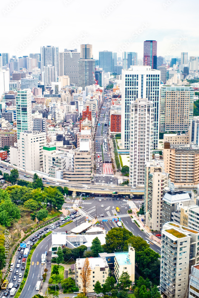 Fototapeta premium Asia Business concept for real estate and corporate construction - vertical modern cityscape building bird eye aerial view from tokyo tower under sunrise and morning blue bright sky in Tokyo, Japan