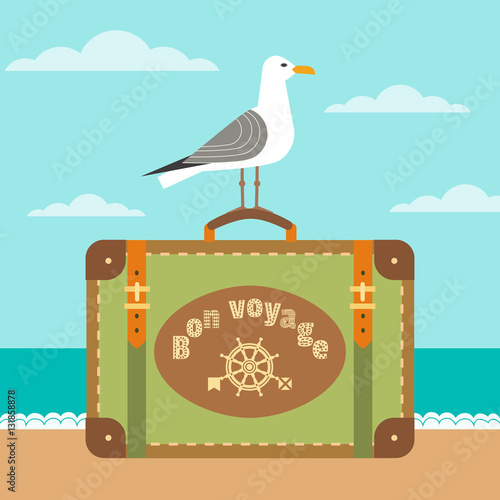 Travel poster concept. Have nice trip - Bon Voyage in French. Freehand fancy cartoon style. Cute seagull, retro vintage luggage emblem. Sea tour sign symbol. Banner background vector element