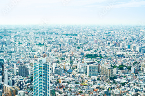 Asia Business concept for real estate and corporate construction - panoramic modern cityscape building bird eye aerial view under sunrise and morning blue bright sky in Tokyo  Japan