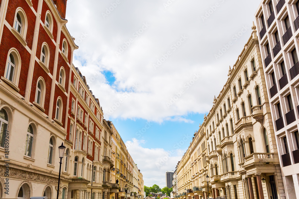 road with historic city buildings in Kensington, London