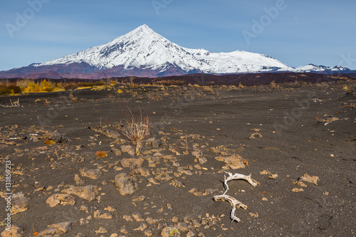 Volcanic sand in the front of volcanoes Tolbachik (on background). Kamchatka, Russia photo