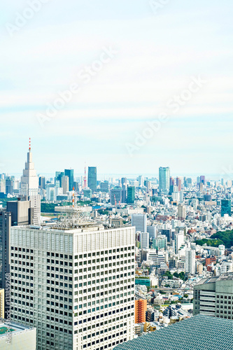 Asia Business concept for real estate and corporate construction - vertical modern cityscape building bird eye aerial view under sunrise and morning blue bright sky in Tokyo, Japan