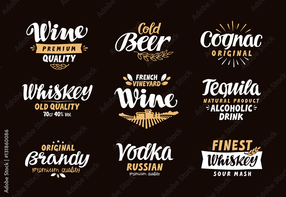Menu bar, icons set. Labels of alcoholic drinks such as wine, beer, cognac, brandy, whiskey, tequila, vodka. Symbols, vector illustration Menu bar, icons set. Labels of alcoholic drinks such as wine, beer, cognac, brandy, whiskey, tequila, vodka. Symbols, vector illustration