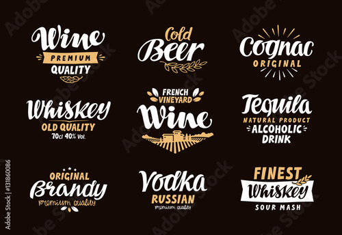 Menu bar, icons set. Labels of alcoholic drinks such as wine, beer, cognac, brandy, whiskey, tequila, vodka. Symbols, vector illustration