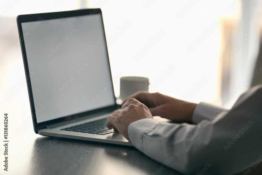 Naklejka premium Businessman using laptop, closeup