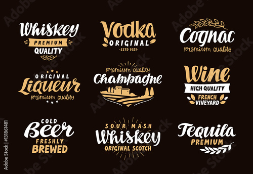 Menu bar, icons set. Labels of alcoholic drinks such as whiskey, vodka, wine, liqueur, champagne, beer, tequila, cognac. Symbols, vector illustration