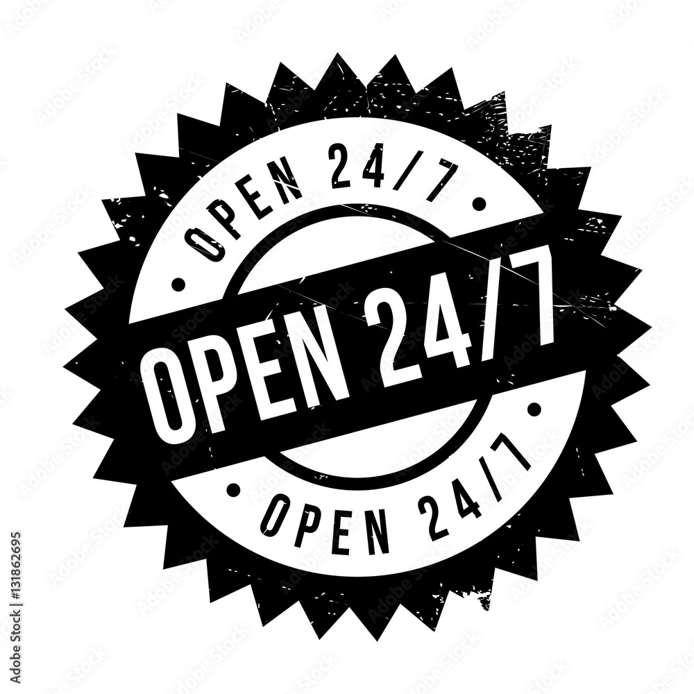 Open 24 7 stamp. Grunge design with dust scratches. Effects can be easily removed for a clean, crisp look. Color is easily changed.