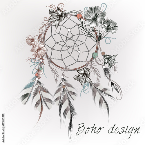 Boho design with dreamcatcher, feathers and flowers