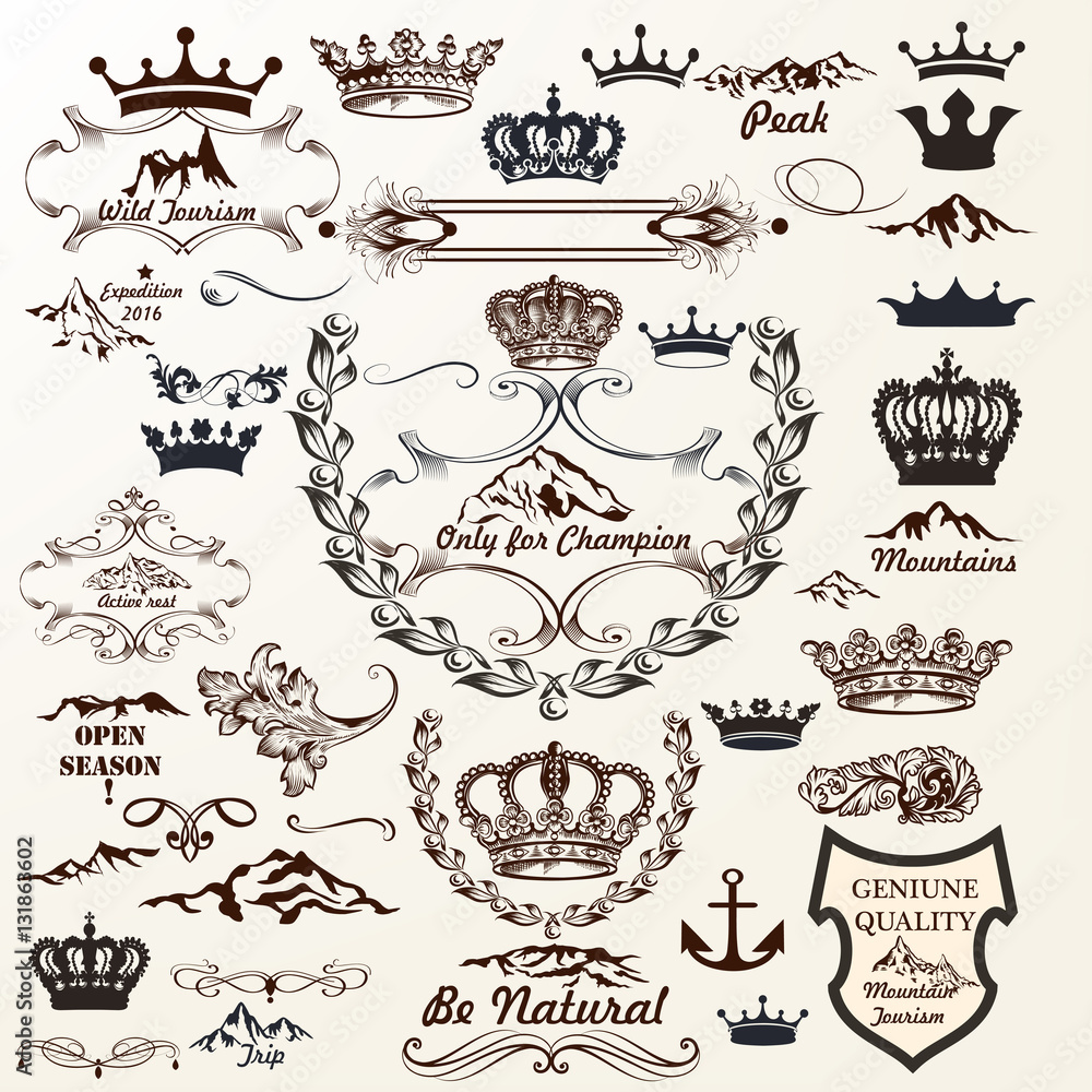 Crowns, labels, flourishes and logotypes in vintage style. Hand