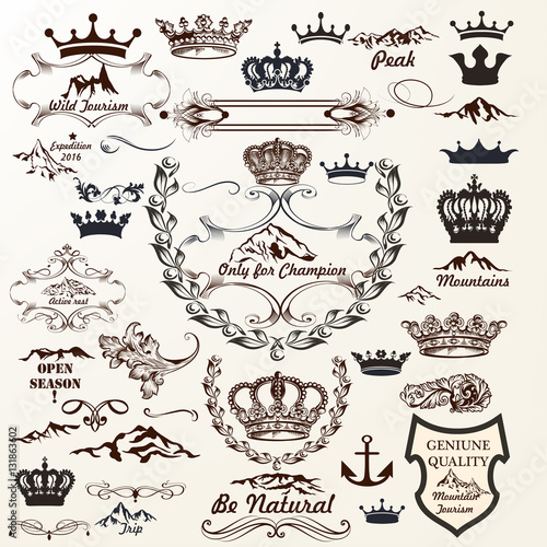 Crowns  labels  flourishes and logotypes in vintage style. Hand
