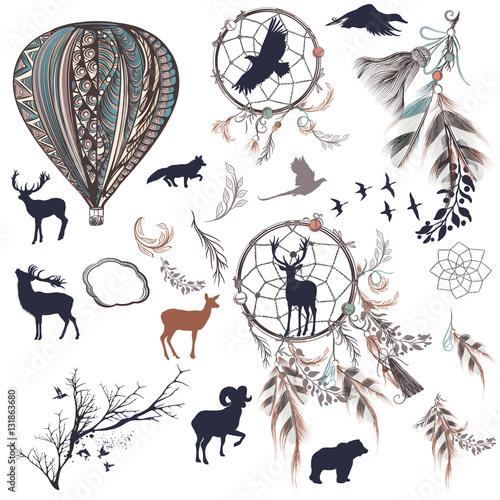 vector dreamcatchers with feathers, trees and animals