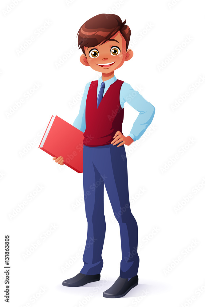 Cute and clever smiling young student boy in school uniform standing with  book. Cartoon style vector character isolated on white background. Stock  Illustration | Adobe Stock