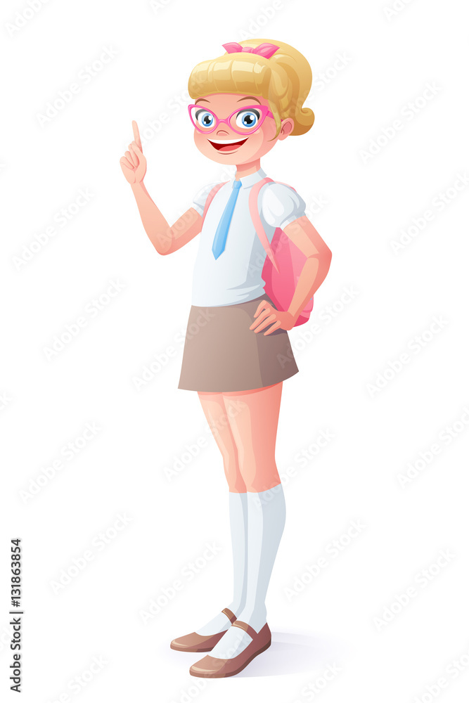 Cute smart smiling young little girl with glasses finger pointing up having an idea. Cartoon vector character isolated on white background. Cute smart smiling young little girl with glasses finger pointing up having an idea. Cartoon vector character isolated on white background.