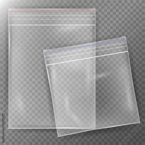 Transparent Plastic Bag. Set Reality Nylon Icon Background. Sealed Empty  Zipper  Close Up. Mock  Template For Your Design. Vector Illustration