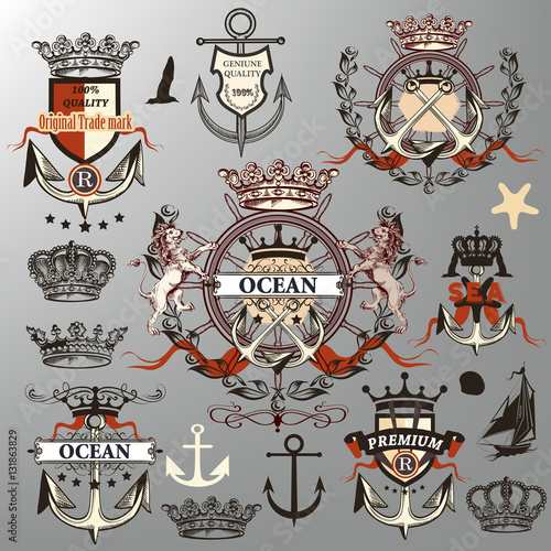 Collection or set of vector nautical labels, crowns, anchors in