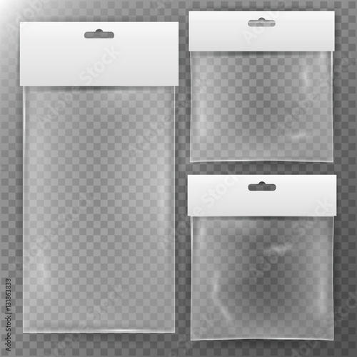 Transparent Plastic Bag. Set Reality Nylon Icon Background. Sealed Empty   Close Up. White Blank With Hang Slot. Mock  Template For Your Design. Vector Illustration