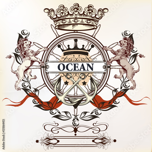 Nautical logotype or label with anchor, lions and crown. Ideal f
