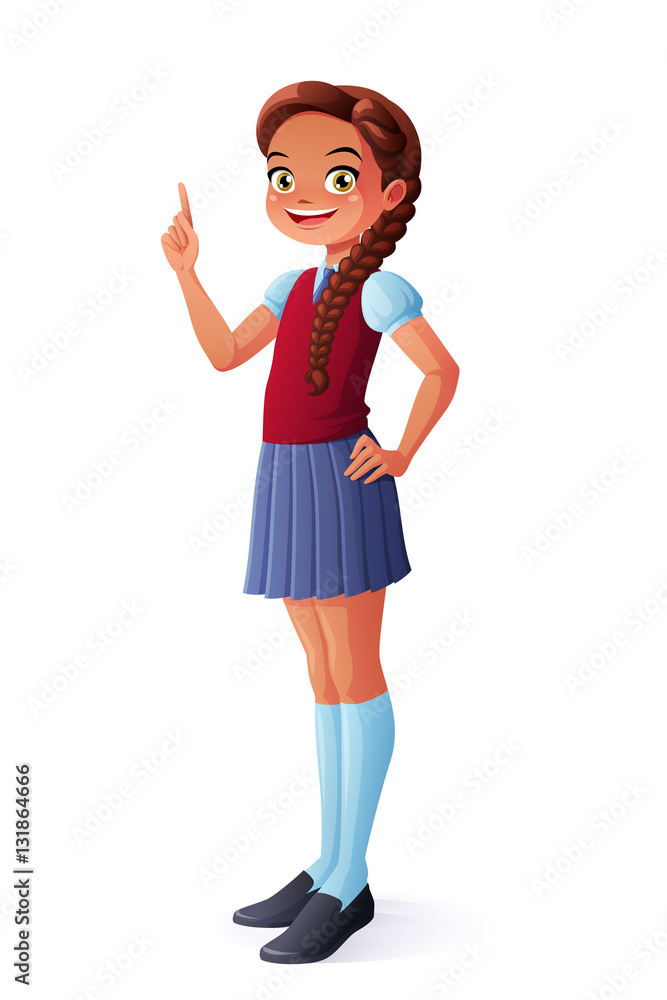 Cute pretty smiling young school student girl got the idea and index finger pointing up. Cartoon style vector character isolated on white background. Cute pretty smiling young school student girl got the idea and index finger pointing up. Cartoon style vector character isolated on white background.