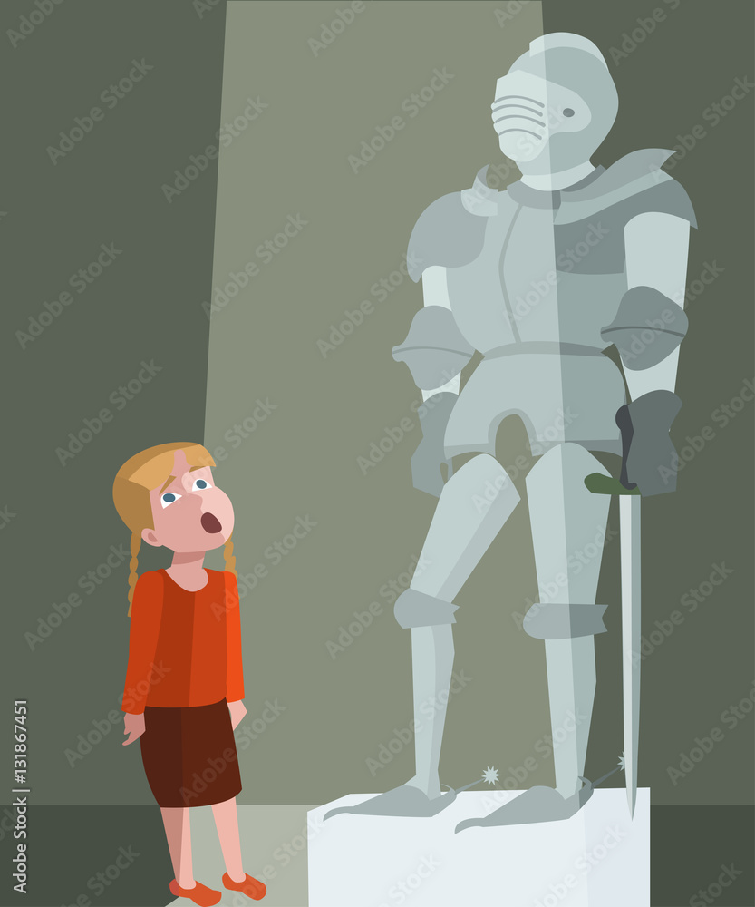 little girl at tour of the history museum vector cartoon little girl at tour of the history museum vector cartoon