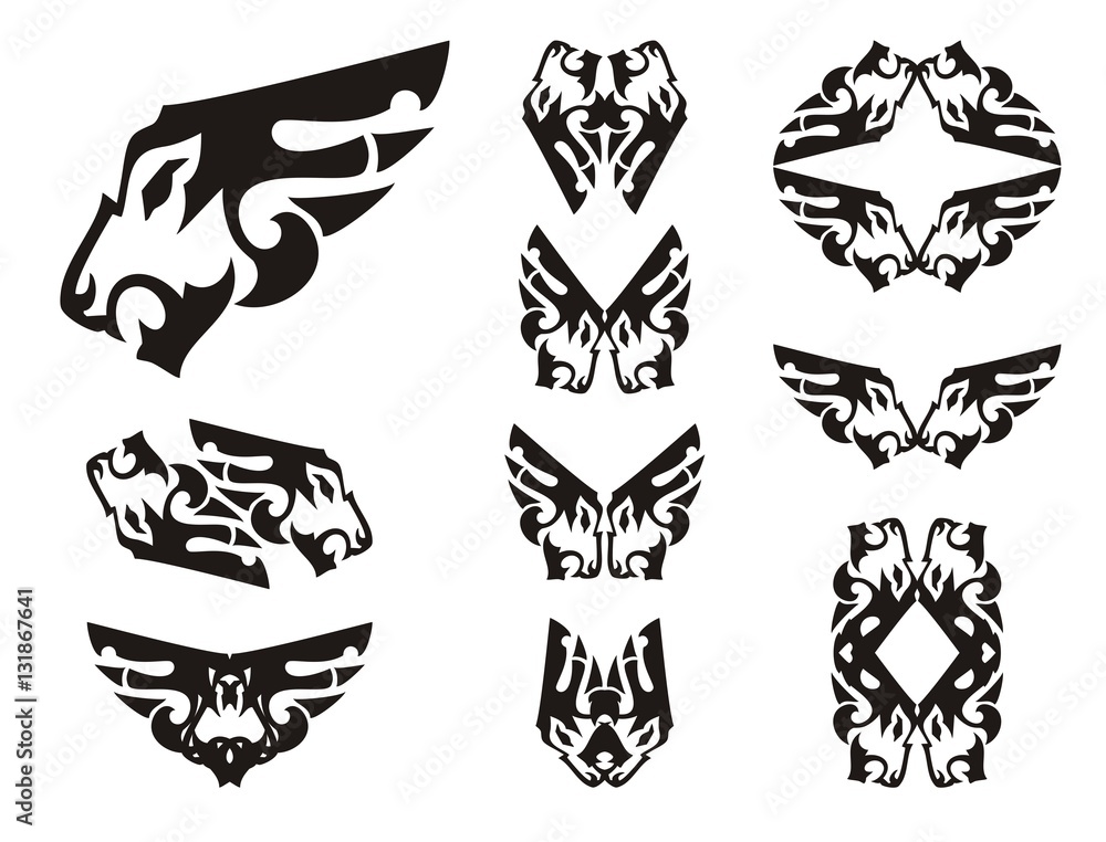 Aggressive lion head symbols in the form of a wing. Tribal peaked lion head  set, great for vehicle graphics, tattoos, stickers and T-shirt designs.  Ready for vinyl cutting Stock Vector | Adobe