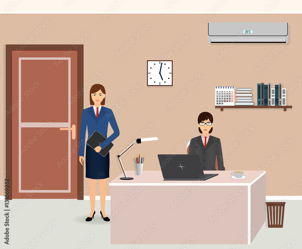 Office room interior with two women employees. Office room interior with two women employees.
