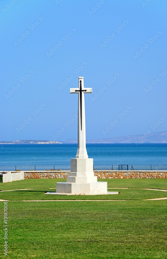 View of the Souda Bay Allied War Cemetery cross with the Aegean sea to the rear, Crete.