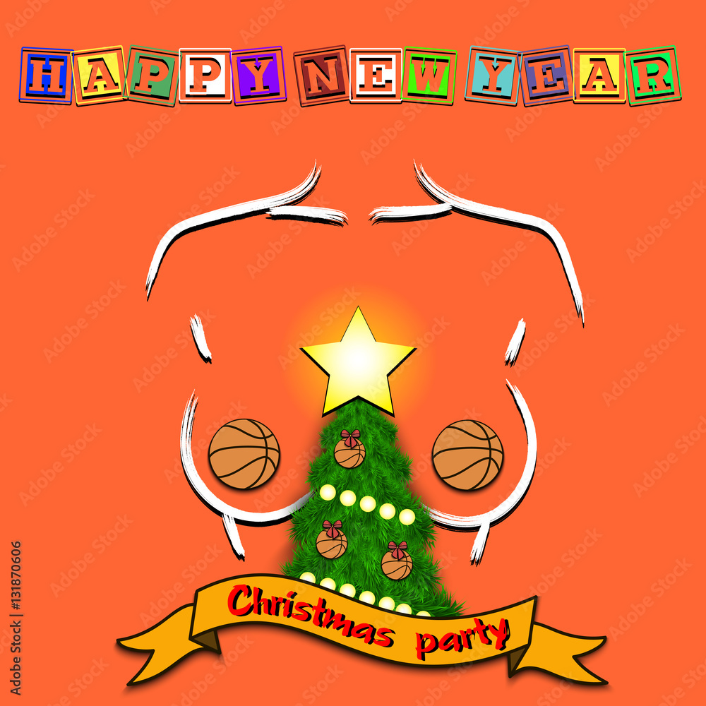 Naklejka premium Christmas tree, basketball ball and sketch of breast