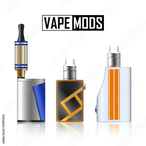 Vape Mod Set. Electronic Cigarette With Juice. Colorful Vector Vaporize Device  Liquid Bottles On White Background. Trend New Culture. Illustration.