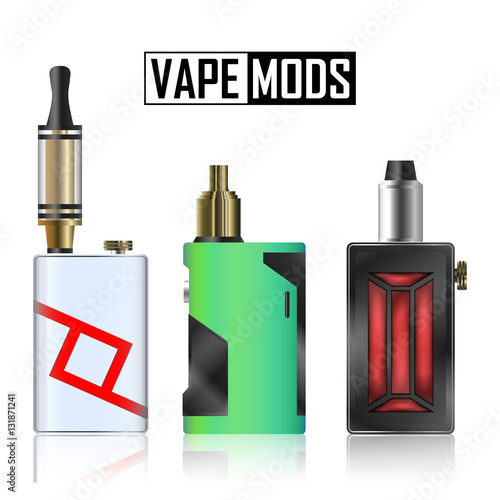 Vape Mod Set. Electronic Cigarette With Juice. Colorful Vector Vaporize Device  Liquid Bottles On White Background. Trend New Culture. Illustration.