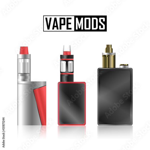 Vape Mod Set. Electronic Cigarette With Juice. Colorful Vector Vaporize Device  Liquid Bottles On White Background. Trend New Culture. Illustration.