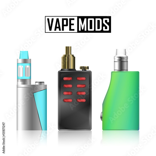 Vape Mod Set. Electronic Cigarette With Juice. Colorful Vector Vaporize Device  Liquid Bottles On White Background. Trend New Culture. Illustration.