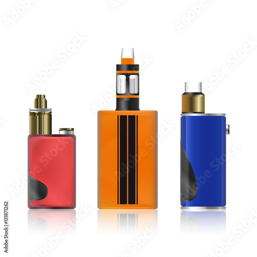 Vape Mod Set. Electronic Cigarette With Juice. Colorful Vector Vaporize Device  Liquid Bottles On White Background. Trend New Culture. Illustration.