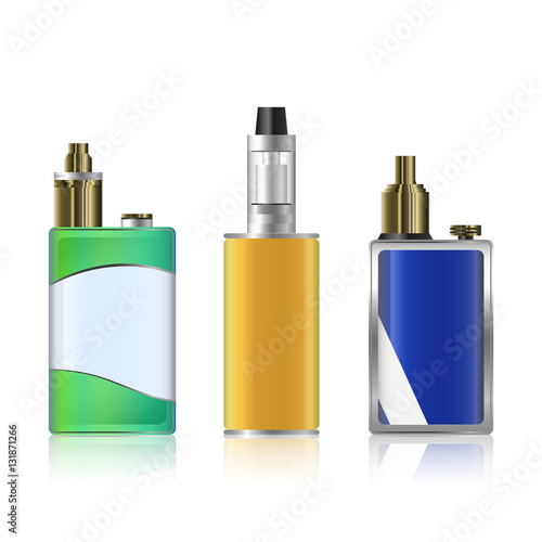Vape Mod Set. Electronic Cigarette With Juice. Colorful Vector Vaporize Device  Liquid Bottles On White Background. Trend New Culture. Illustration.