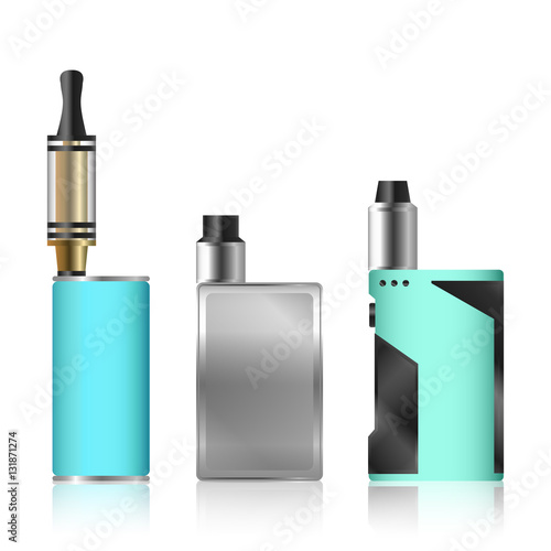 Vape Mod Set. Electronic Cigarette With Juice. Colorful Vector Vaporize Device  Liquid Bottles On White Background. Trend New Culture. Illustration.