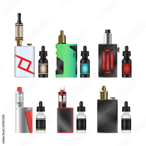 Vape Mod Set. Electronic Cigarette With Juice. Colorful Vector Vaporize Device  Liquid Bottles On White Background. Trend New Culture. Illustration.