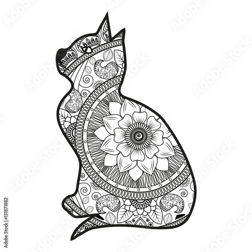 Vector illustration of a cat mandala for coloring book, gatto mandala bianco e nero da colorare vettoriale