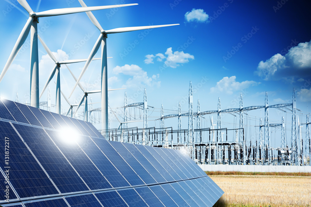 Poster, Print Modern electric grid lines and renewable energy concept with photovoltaic panels, 40x26.7 cm