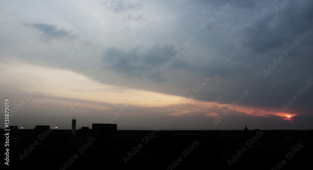 Panorama view of Sunset sky and Silhouette Background.