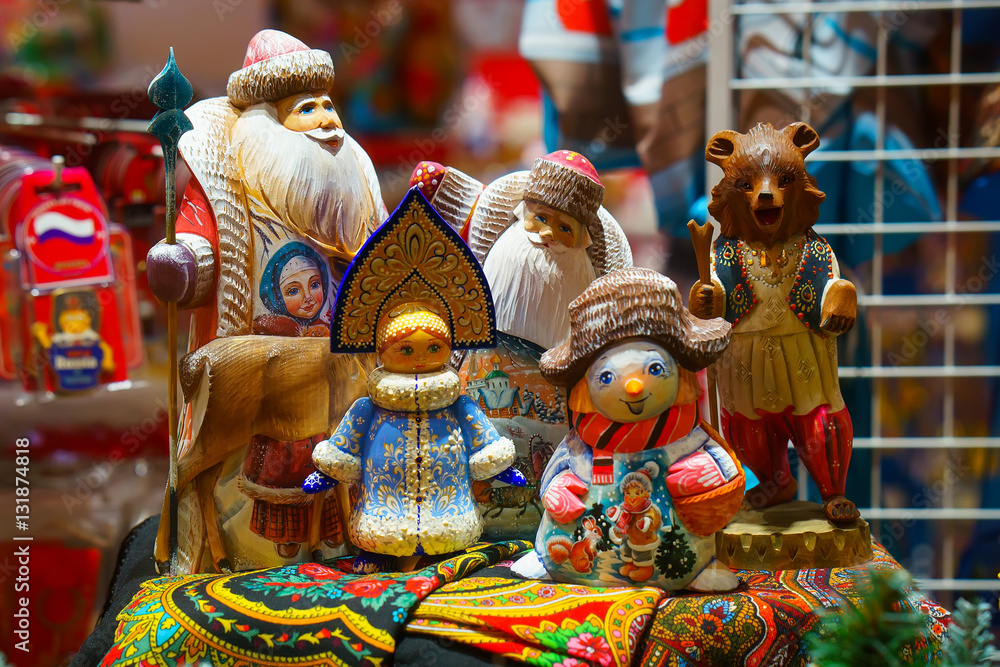 russian trtadition dolls, ded-moroz and snegurochka. snowman, bear
