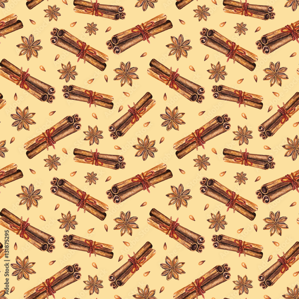 Watercolor seamless pattern with star anise and cinnamon sticks. Hand drawn watercolor illustration. Vector design by flyer, printing, mailing, invitation, card, menu of cafe, restaurant, textile