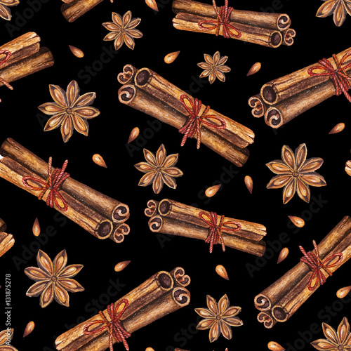 Watercolor seamless pattern with star anise and cinnamon sticks on a black background. Handdrawn watercolor illustration. vector design by flyer, printing, card, menu of cafe, restaurant, fabric