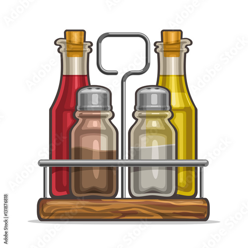 Vector illustration Set glass Shakers for salt and pepper, metal holder bottles with cork olive oil and red wine vinegar, classic rack for containers of condiments, wooden tray of shaker saltcellar.