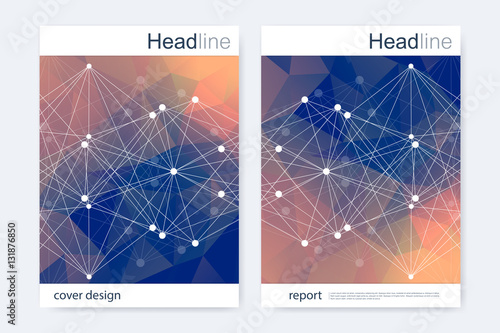 Scientific brochure design template. Vector flyer layout, Molecular structure with connected lines and dots. Scientific pattern atom DNA with elements for magazine, leaflet, cover, poster design.