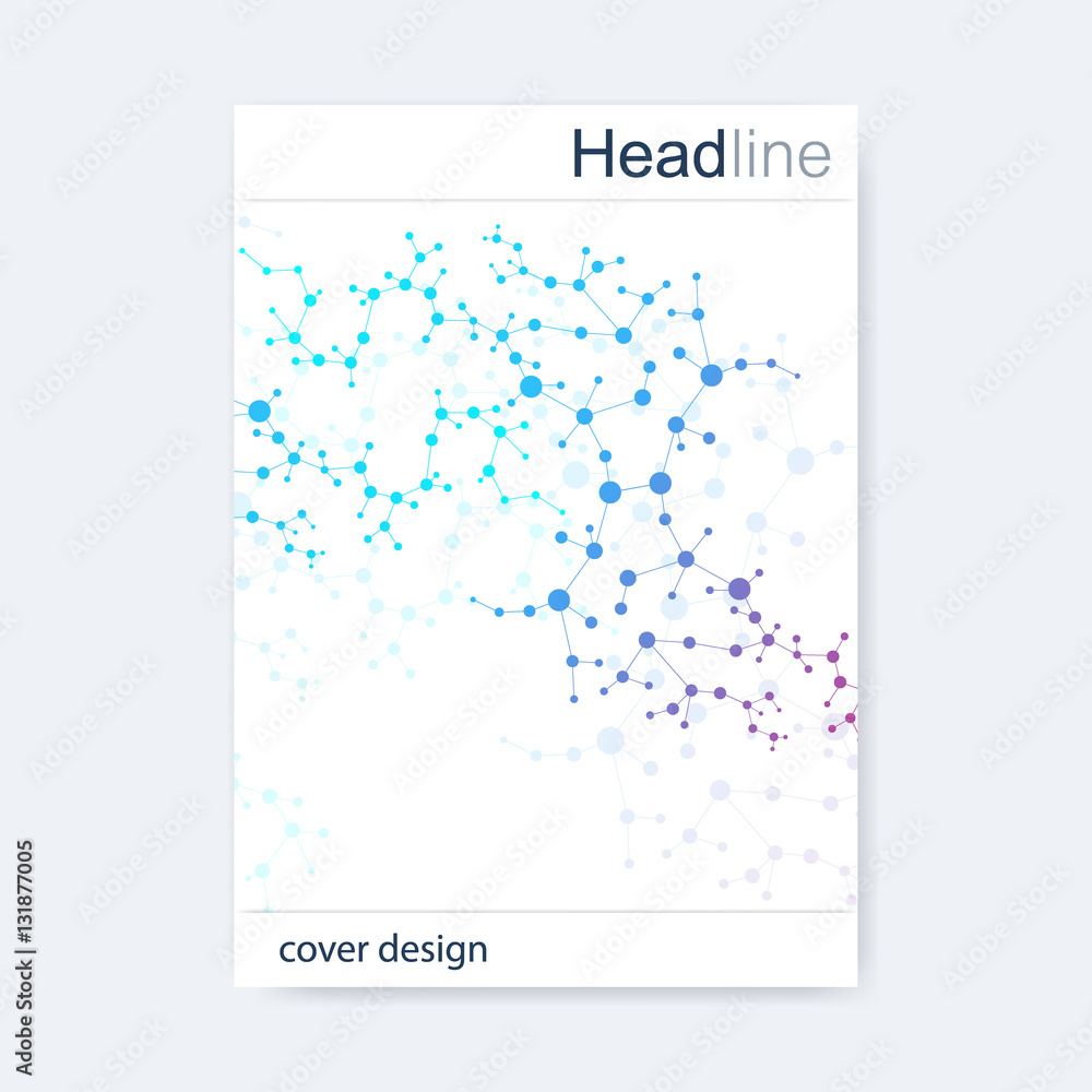 Scientific brochure design template. Vector flyer layout, Molecular structure with connected lines and dots. Scientific pattern atom DNA with elements for magazine, leaflet, cover, poster design. Scientific brochure design template. Vector flyer layout, Molecular structure with connected lines and dots. Scientific pattern atom DNA with elements for magazine, leaflet, cover, poster design.