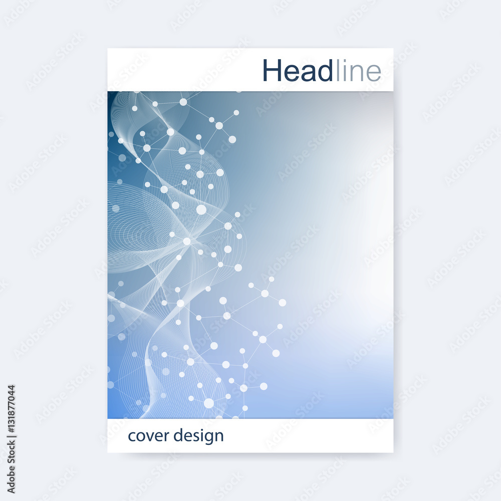 Fototapeta premium Scientific brochure design template. Vector flyer layout, Molecular structure with connected lines and dots. Scientific pattern atom DNA with elements for magazine, leaflet, cover, poster design.