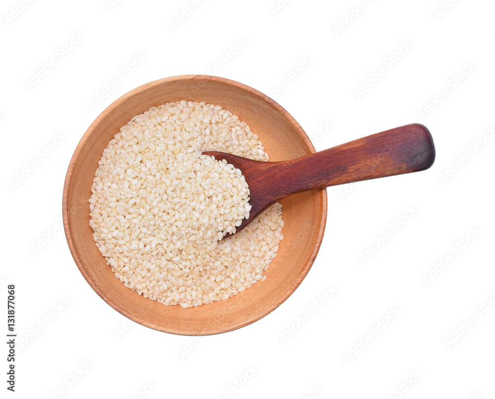 white sesame in wooden bowl on white background